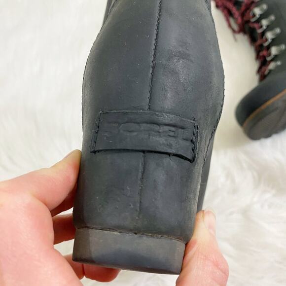 Sorel Black Oiled Leather Conquest Wedge Boots Lace Up Round Toe Women's Size 7 - Picture 5 of 11